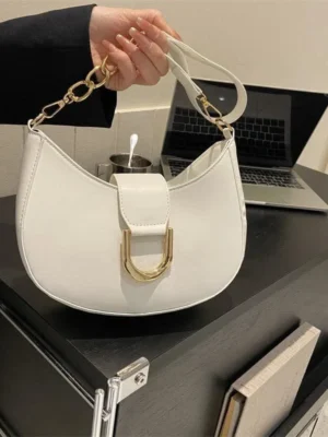 Simple Candy Color Half Round Zipper + Button Chain Shoulder Bag